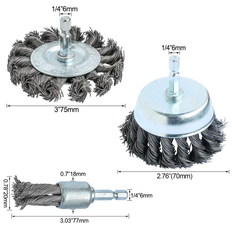 FPPO 3PCS 3 Inch Knotted Wire Wheel Cup Brush and Twist End Brush Set,1/4" Shank for Drill,Perfect for Rust Removal, Corrosion and Paint - Image 2